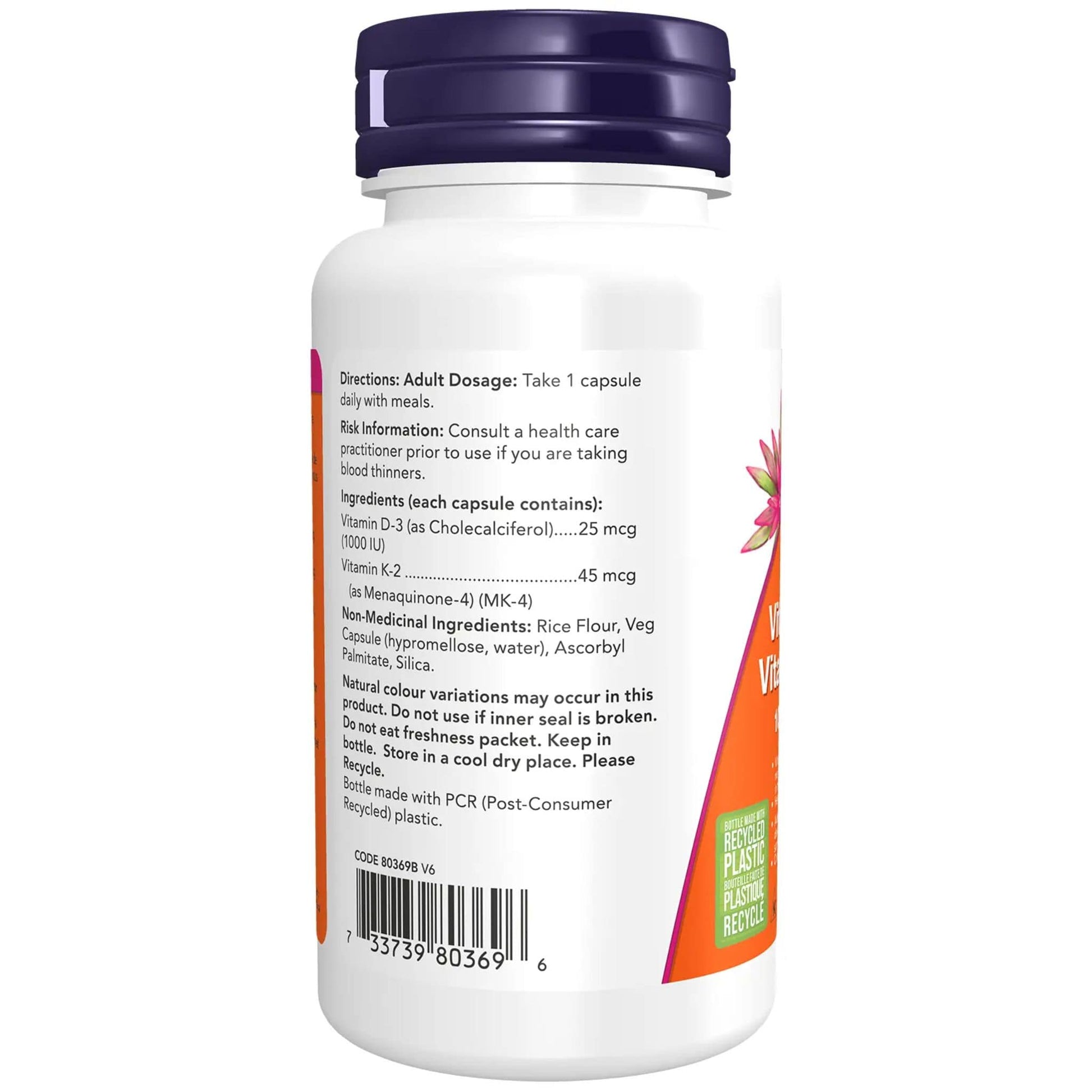 120 Vegetable Capsules | NOW Vitamin d-3 and K-2 1000 IU/UI, 45 mcg