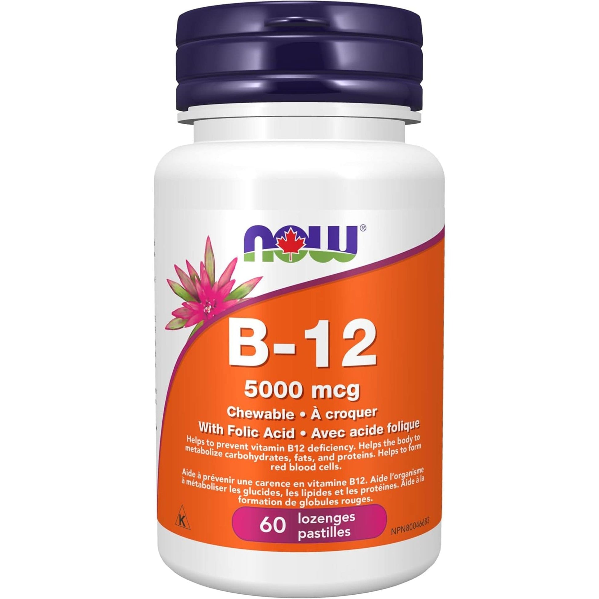 60 Lozenges | NOW B-12 5000 mcg Chewable with Folic Acid