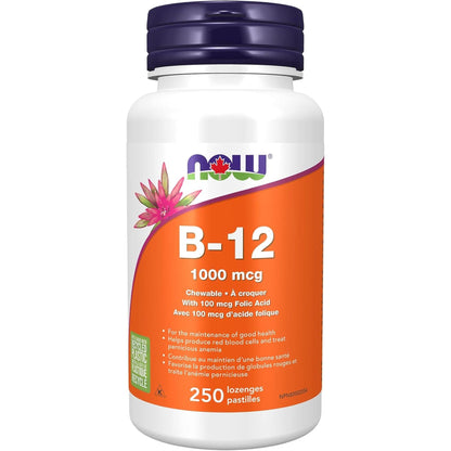 250 Chewable Lozenges | NOW B-12 1000 mcg with 100 mcg Folic Acid
