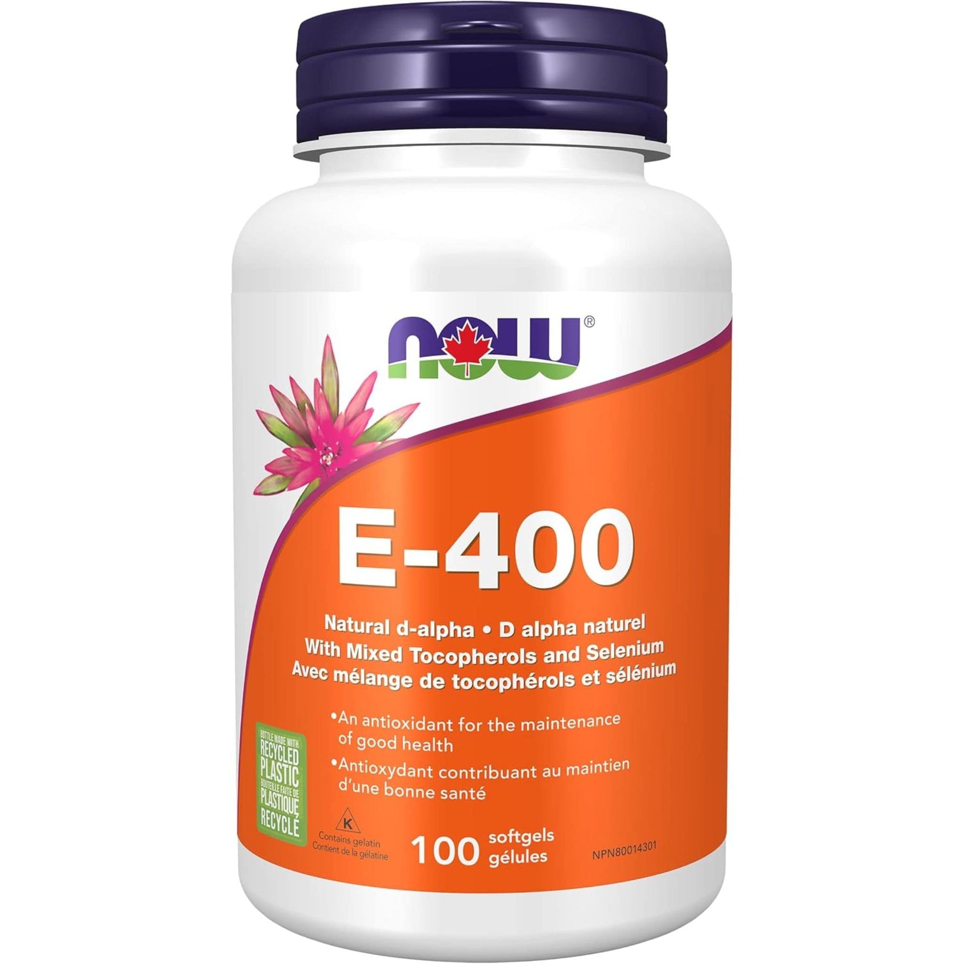 100 Softgels | NOW E-400 Natural d-alpha With Mixed Tocopherols and Selenium
