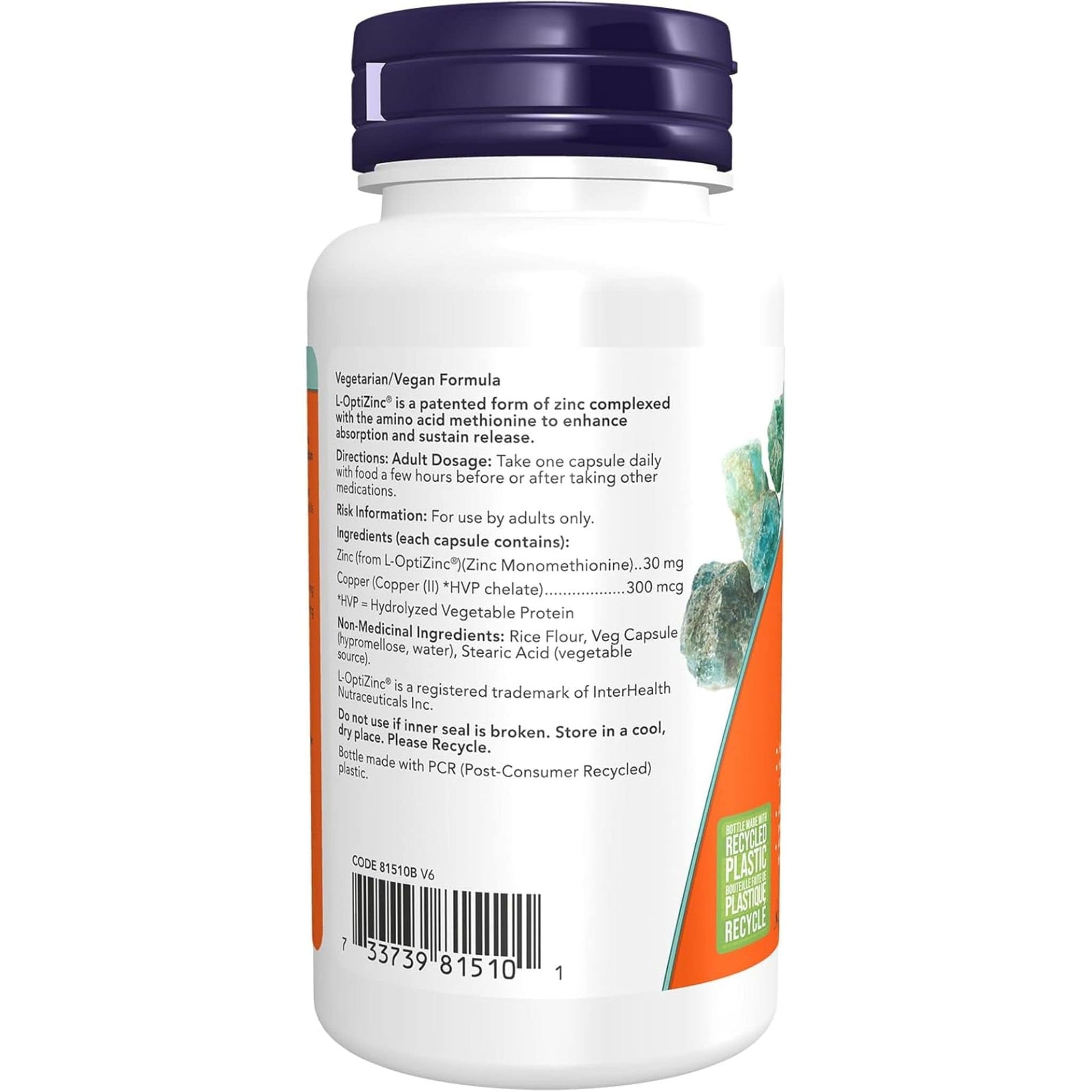 100 Vegetable Capsules | NOW L-OptiZinc 30 mg with Copper