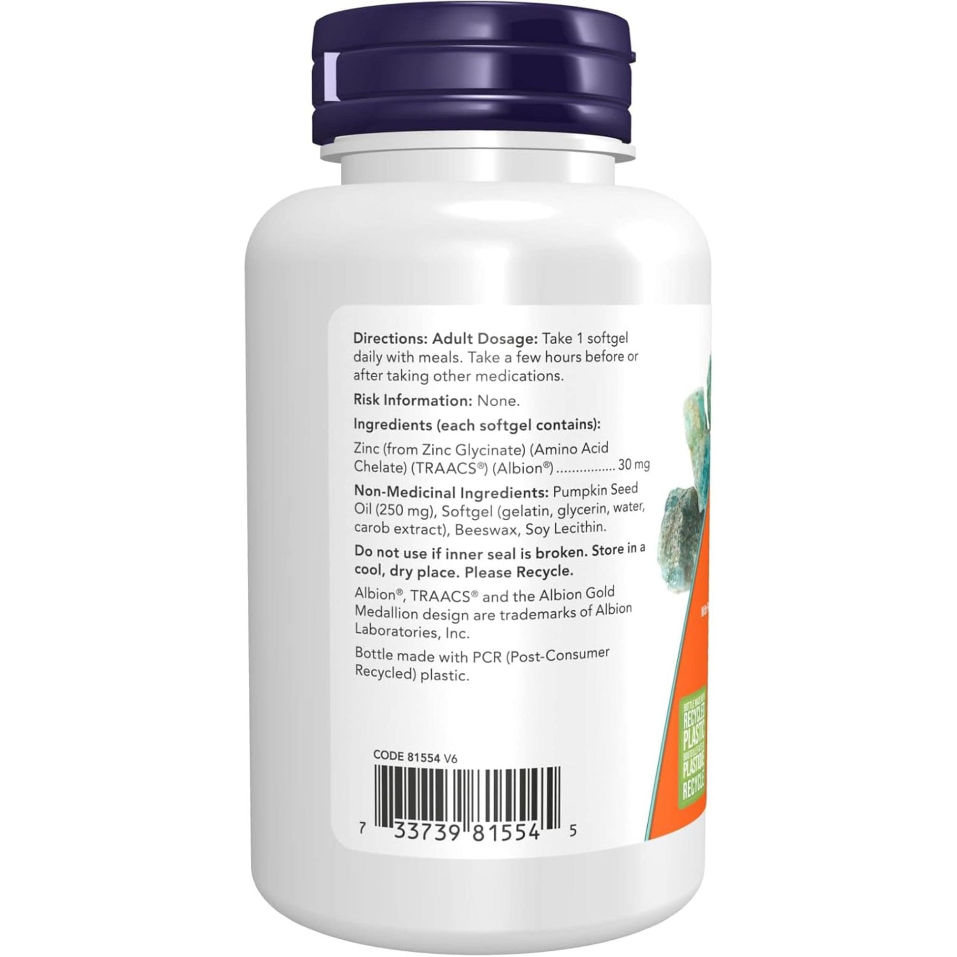 120 Softgels | NOW Zinc Glycinate 30 mg With Pumpkin Seed Oil