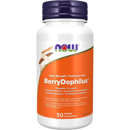 50 Tablets | NOW BerryDophilus Extra Strength Chewable, 10 Probiotic Strains, 10 Billion Organisms