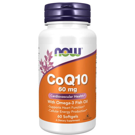 60 Softgels | Now COQ10 60mg with Omega-3 for Cardiovascular Strength Bottle