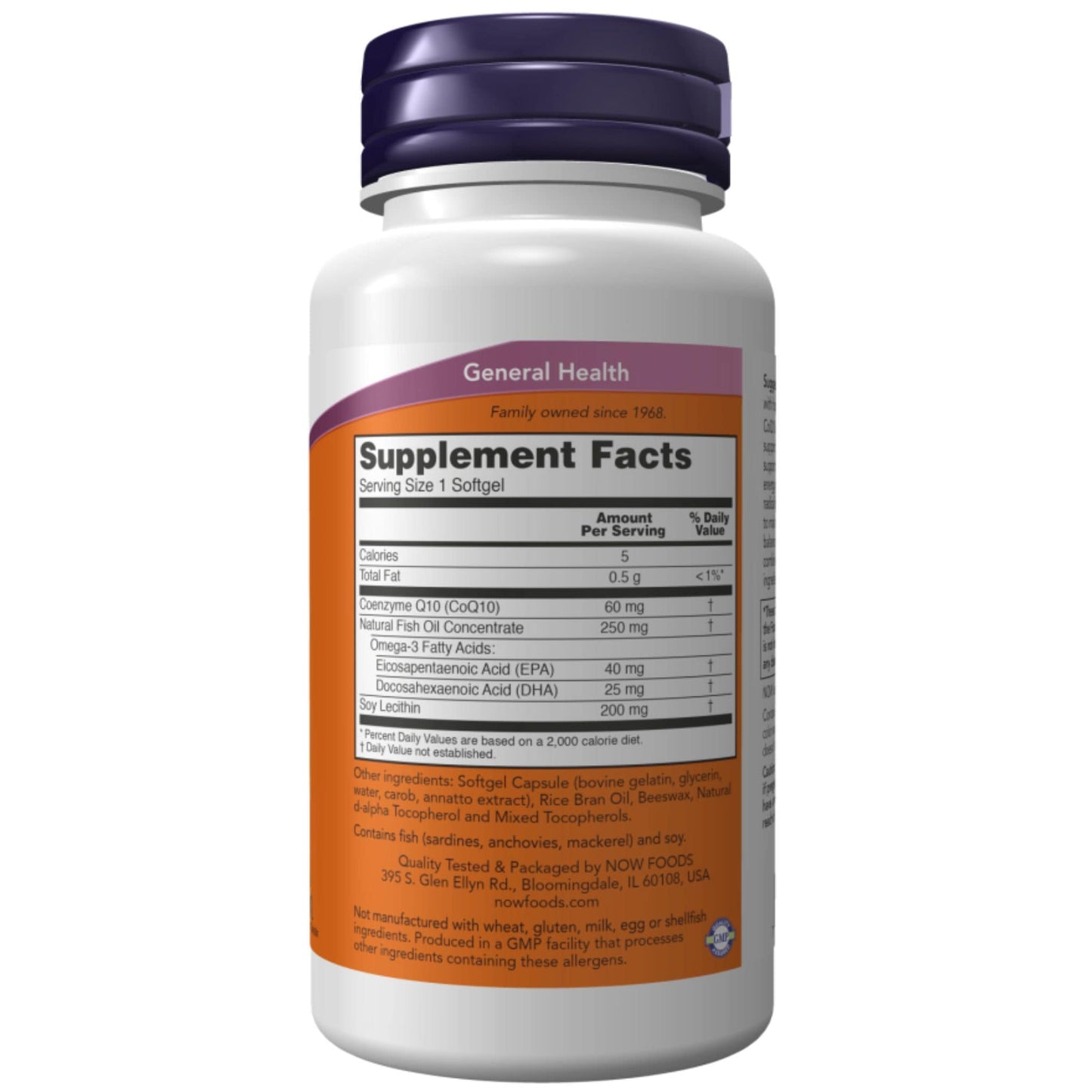 60 Softgels | Now COQ10 60mg with Omega-3 for Cardiovascular Strength Bottle with Supplement Facts