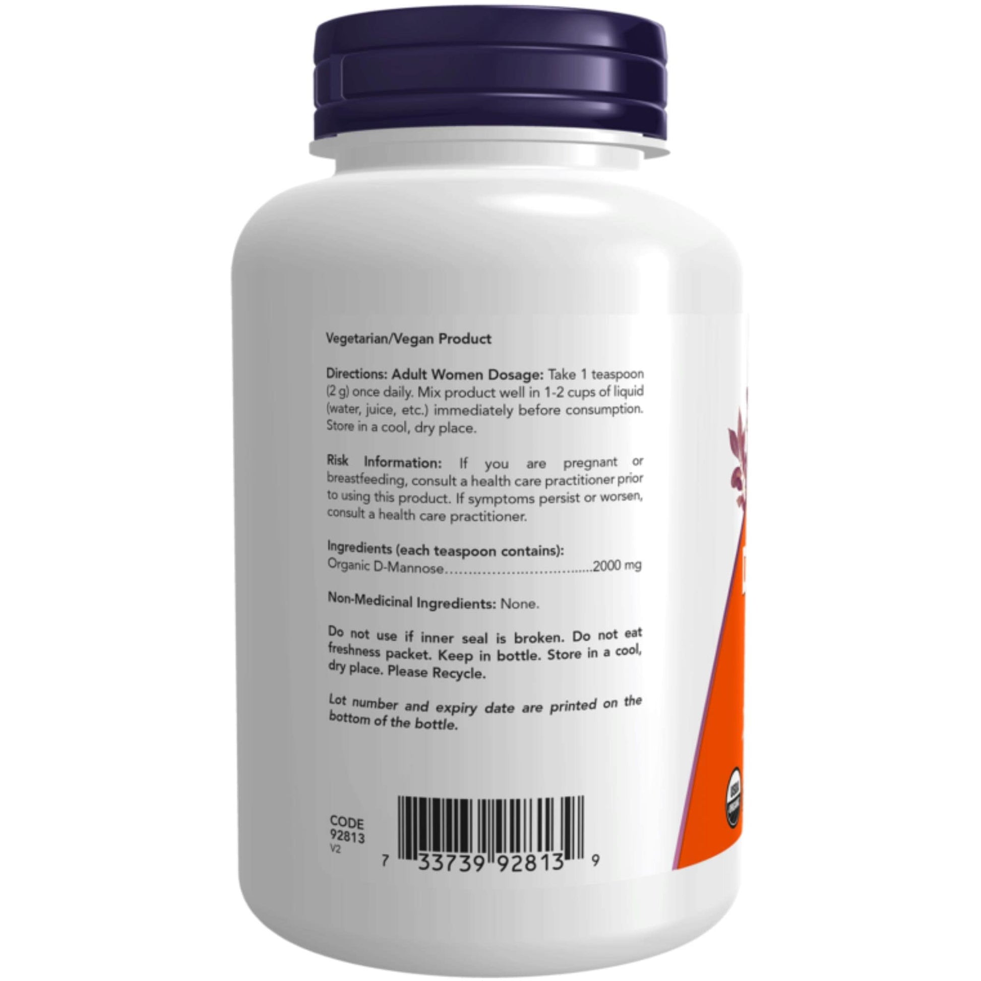 Unflavoured, 76g | NOW Organic D-Mannose 100% Pure Powder