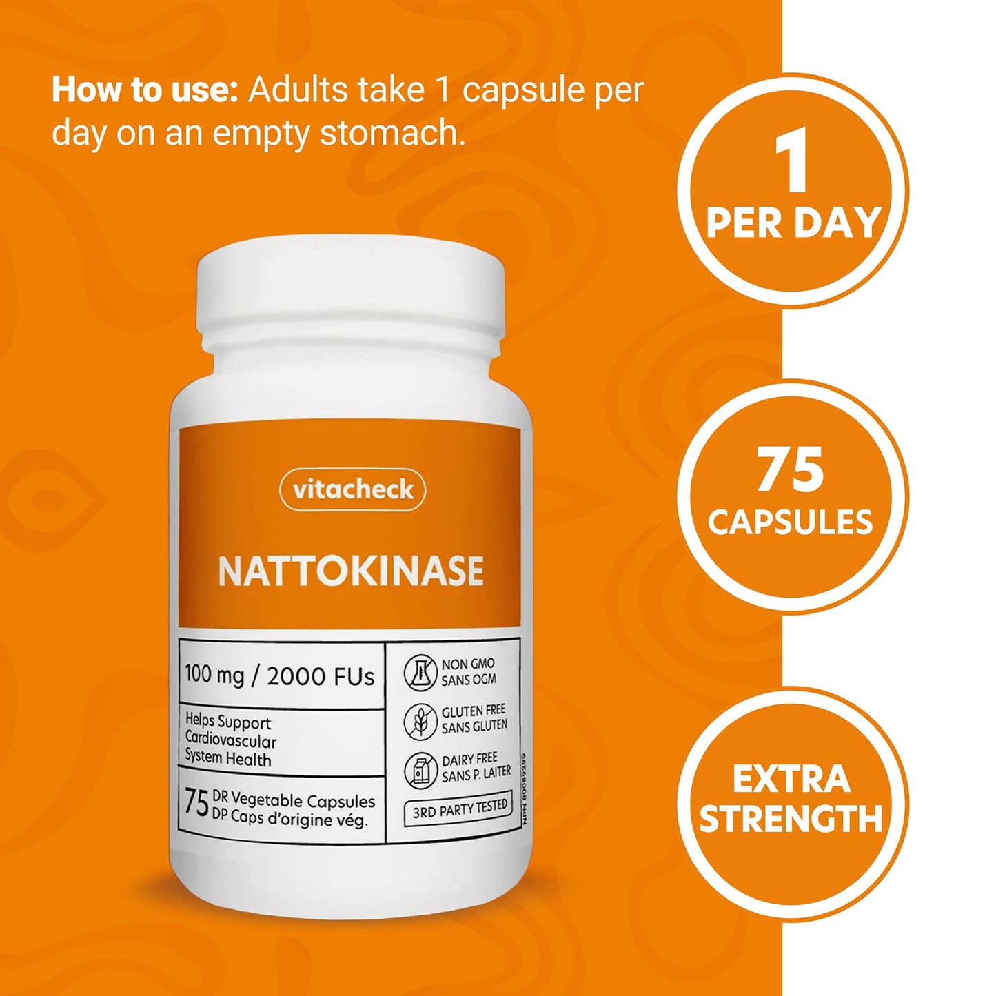 Vitacheck Nattokinase 100mg, 2000 FUs, Natural Heart Health, Circulation and Blood Pressure Support, 75 Delayed Release Capsules