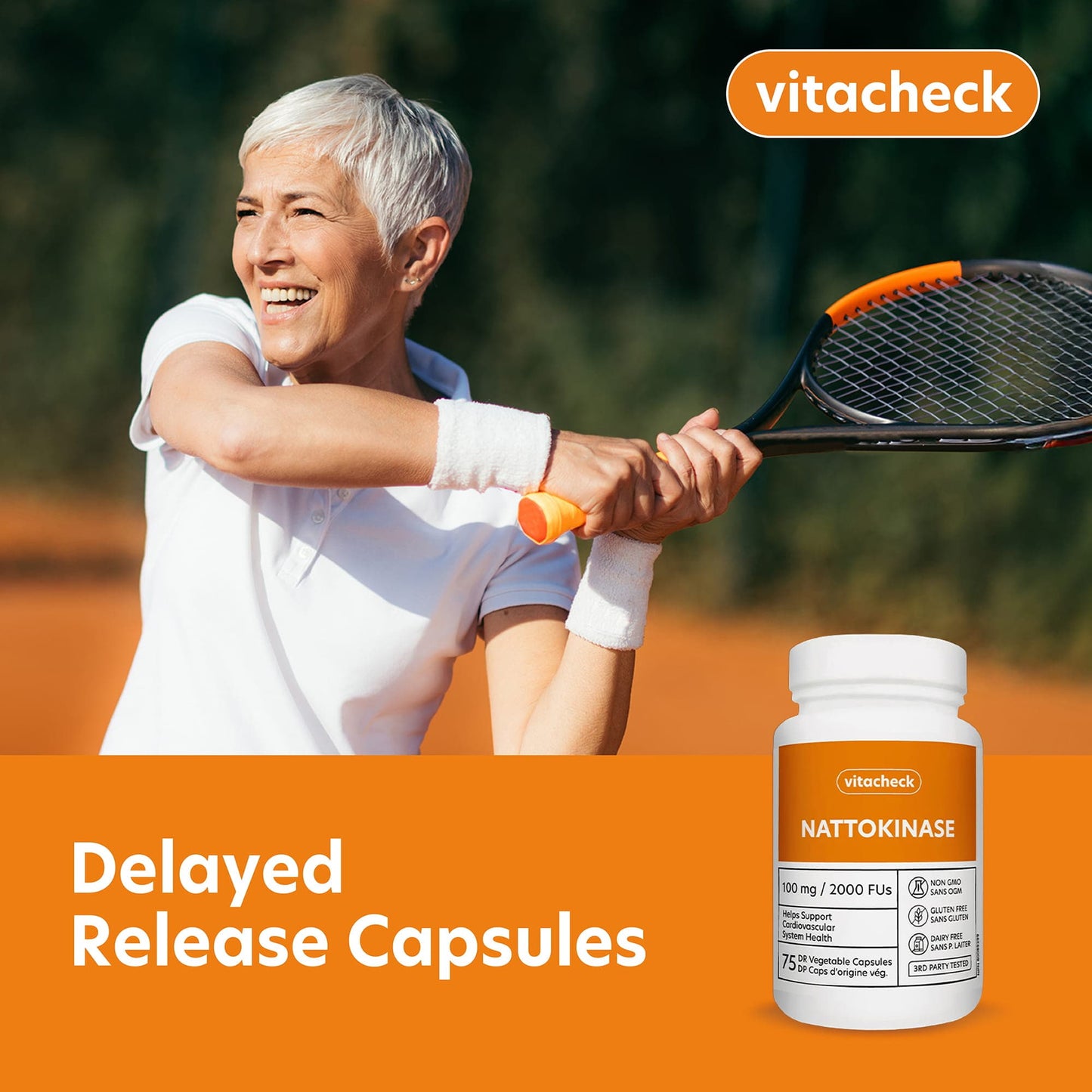 Vitacheck Nattokinase 100mg, 2000 FUs, Natural Heart Health, Circulation and Blood Pressure Support, 75 Delayed Release Capsules