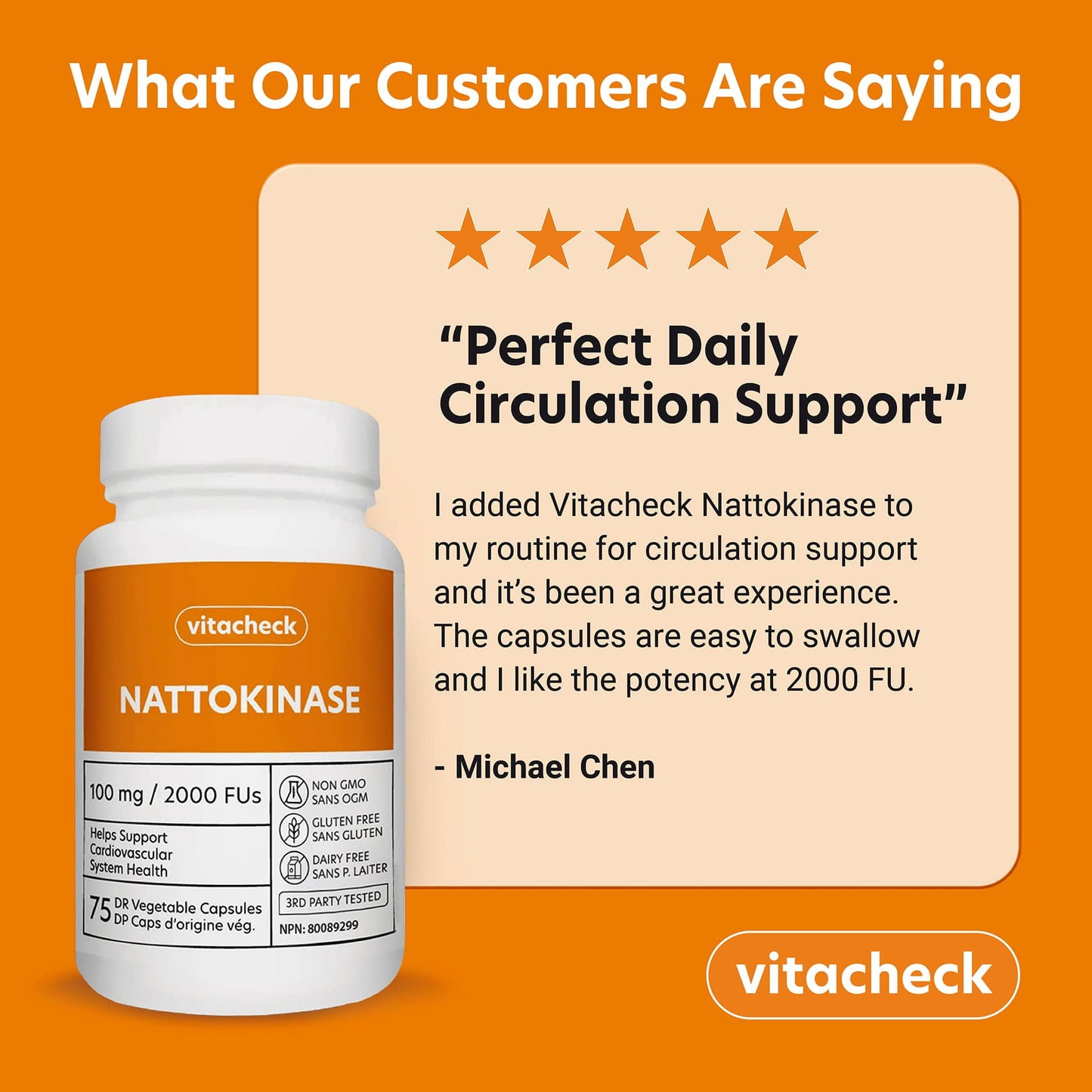 Vitacheck Nattokinase 100mg, 2000 FUs, Natural Heart Health, Circulation and Blood Pressure Support, 75 Delayed Release Capsules