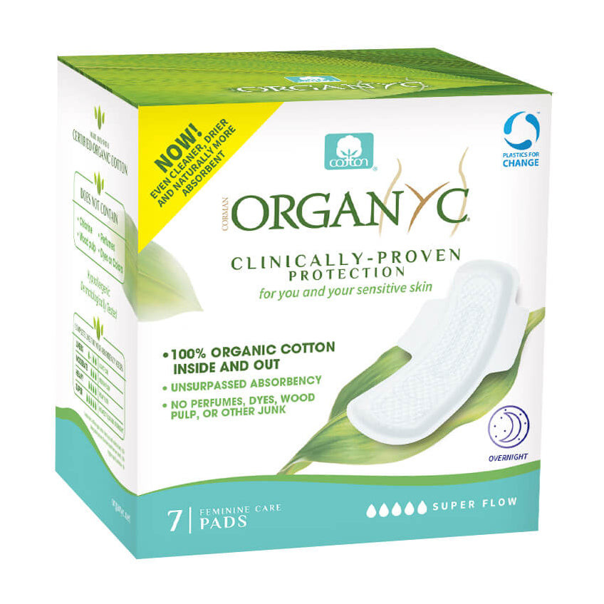 Organyc Organic Cotton Pads with Wings, Overnight, 7 Pads