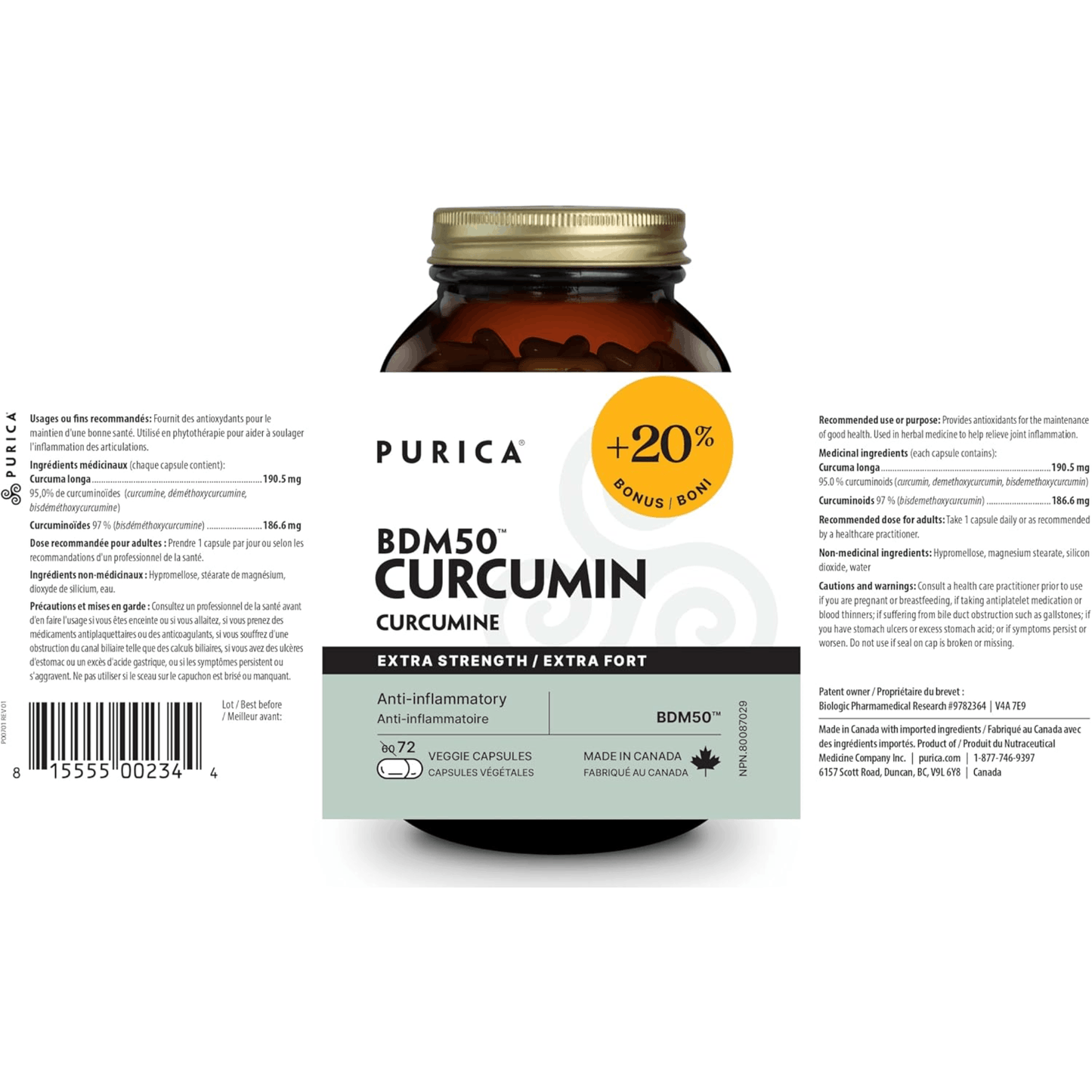 72 Vegetable Capsules | Purica BDM50 Curcumin Extra Strength Label
