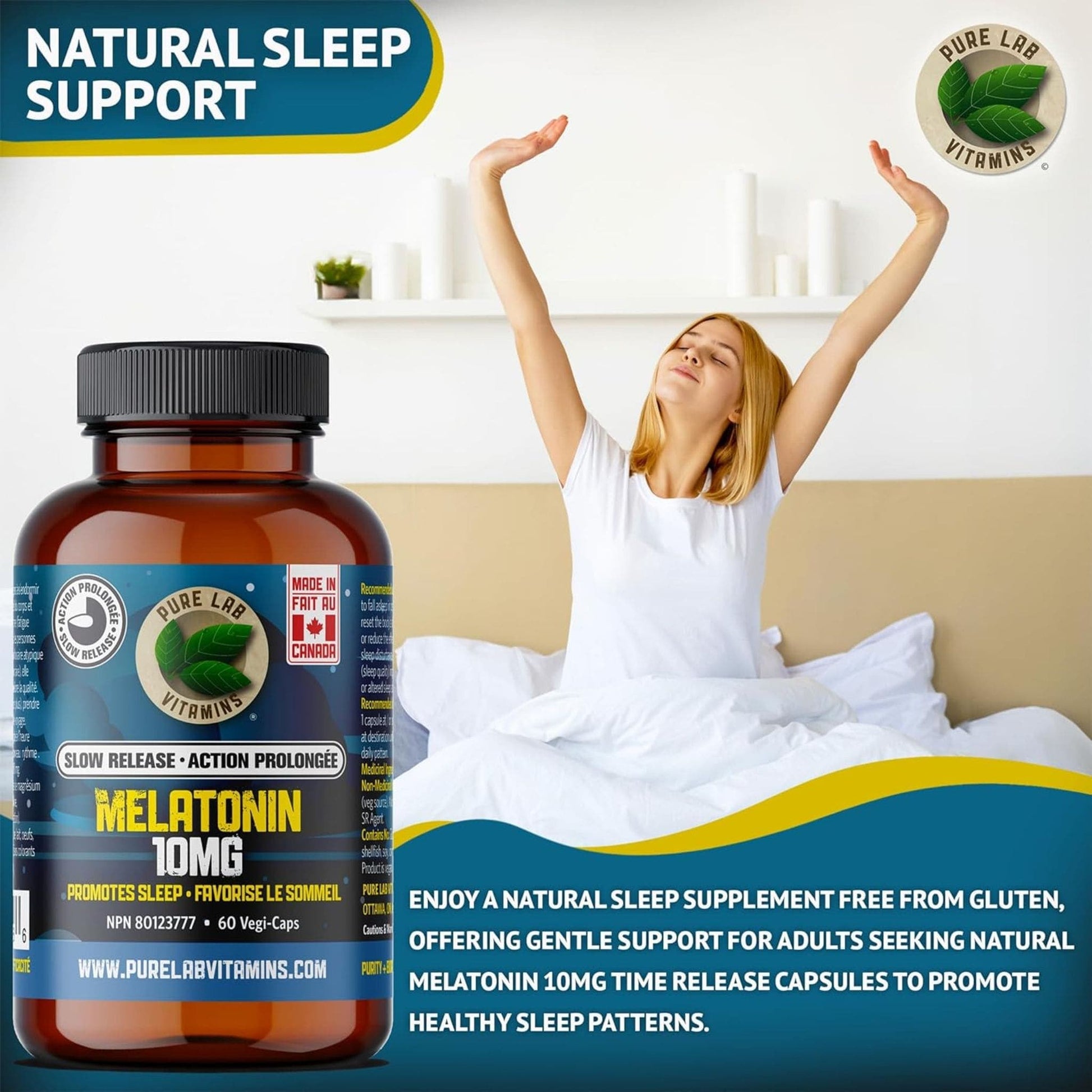 60 Vegetable Capsules | Pure Lab Vitamins Melatonin 10 MG Slow Release Infographic