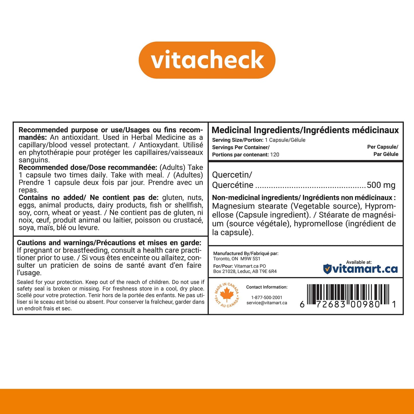 Vitacheck Quercetin 500mg Extra Strength, Immune Health, Seasonal Allergy Relief, Cellular Health, 120 Vegetable Capsules