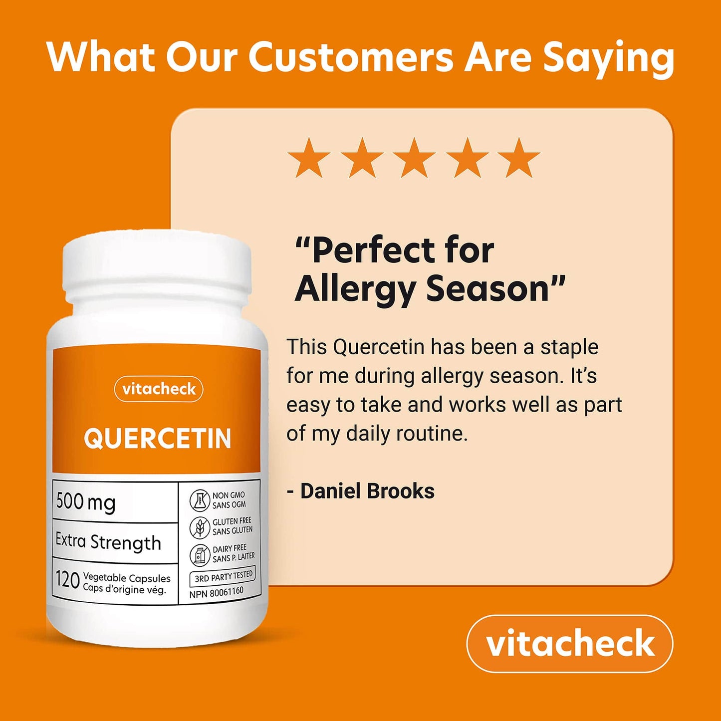 Vitacheck Quercetin 500mg Extra Strength, Immune Health, Seasonal Allergy Relief, Cellular Health, 120 Vegetable Capsules