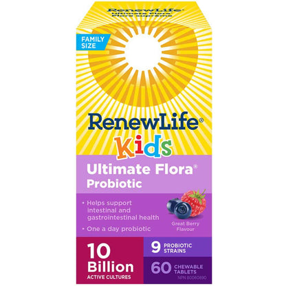 Mixed Berry, 60 Chewable Tablets | RenewLife Kids Ultimate Flora Probiotic, 10 Billion Active Cultures, 9 Probiotic Strains // mixed berry flavour