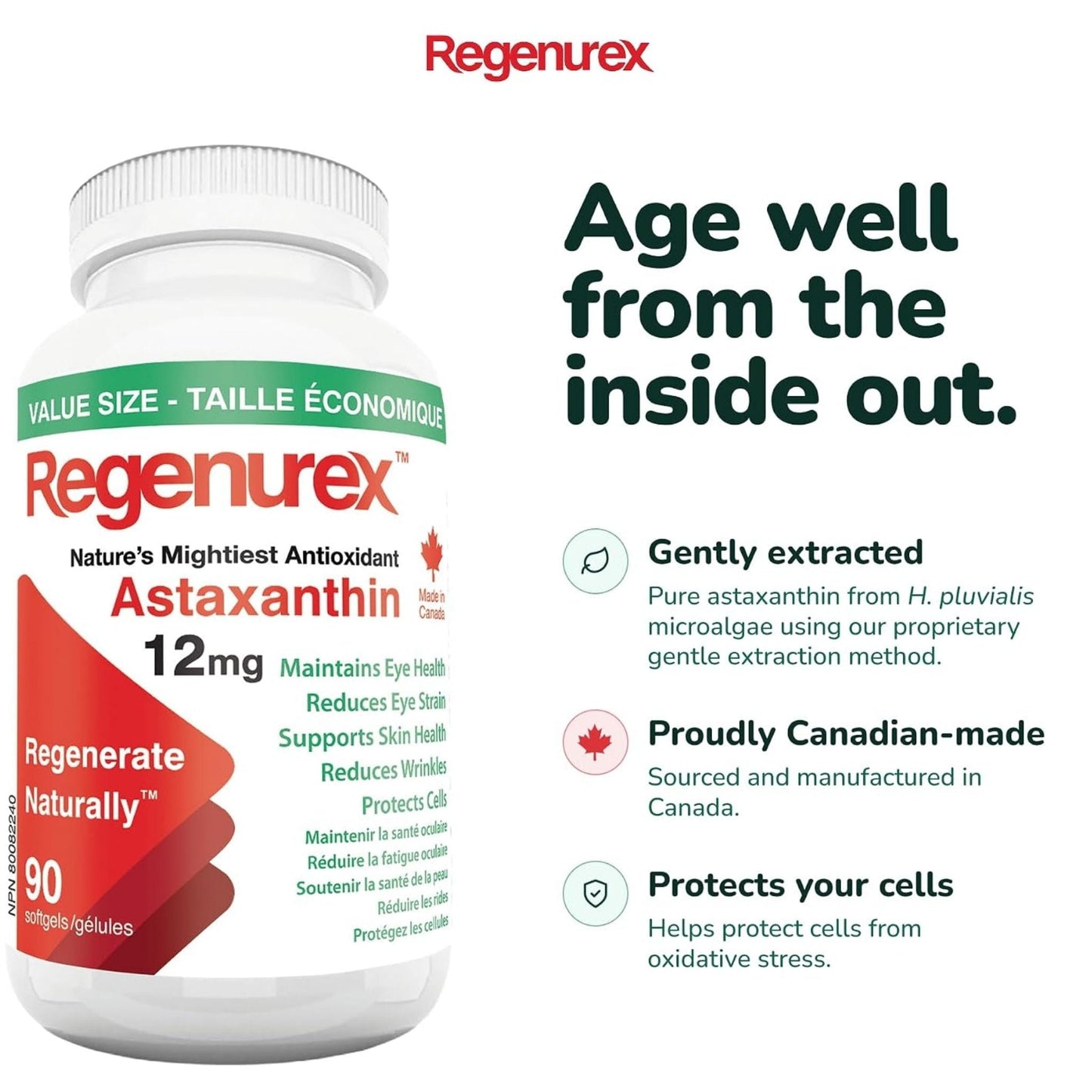 Regenurex Astaxanthin 12mg with MCT Oil for Optimal Absorption, One a Day Formula, 60-90 Softgels
