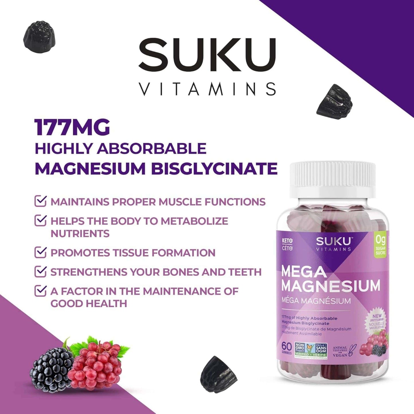 Mixed Berry Flavour, 60 Gummies | Mega Magnesium Gummies (Magnesium Bisglycinate 177mg)