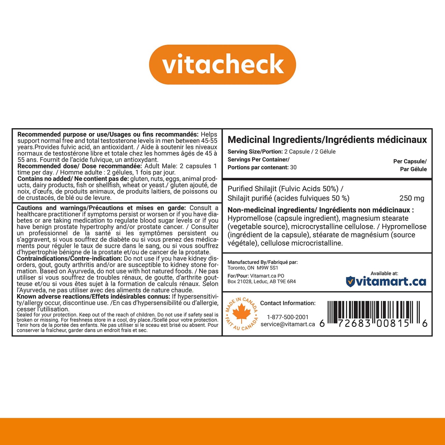 Vitacheck Shilajit 250mg, 50% Fulvic Acid, Natural Testosterone Booster for Men, Supports Energy, Strength and Hormonal Balance, 60 Vegetable Capsules CLEARANCE 25% Off Exp 6/28 Final Sale