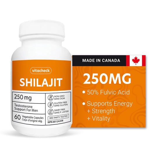 Vitacheck Shilajit 250mg, 50% Fulvic Acid, Natural Testosterone Booster for Men, Supports Energy, Strength and Hormonal Balance, 60 Vegetable Capsules