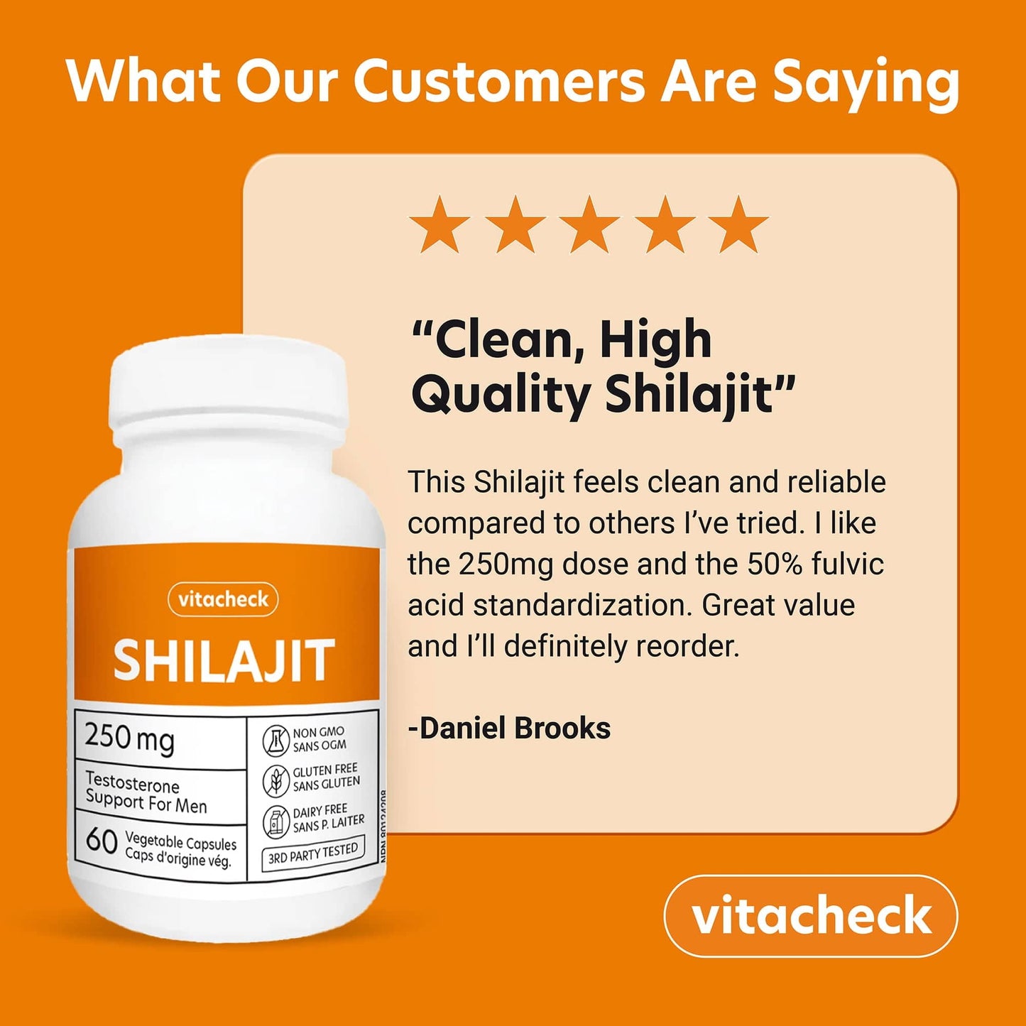Vitacheck Shilajit 250mg, 50% Fulvic Acid, Natural Testosterone Booster for Men, Supports Energy, Strength and Hormonal Balance, 60 Vegetable Capsules CLEARANCE 25% Off Exp 6/28 Final Sale