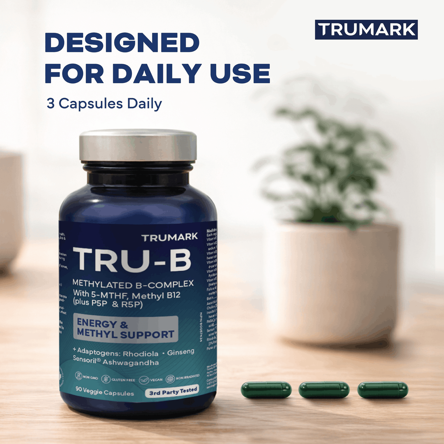 90 Vegetable Capsules | TRUMARK TRU-B Methylated B Complex with 5-MTHF, Methyl B12, P5p and R5P Daily Use