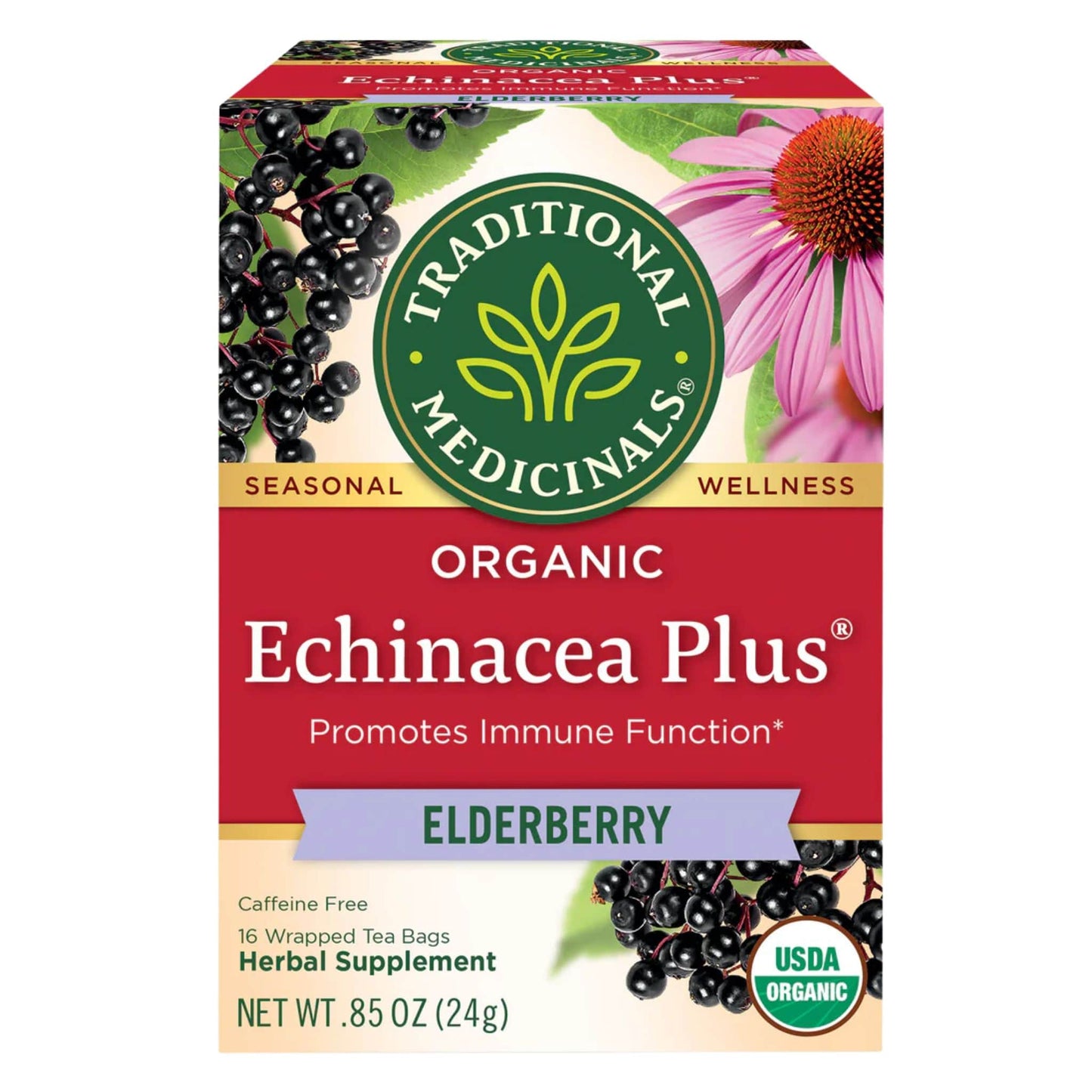 Traditional Medicinals Organic Echinacea Plus Elderberry Tea, 16 Wrapped Tea Bags