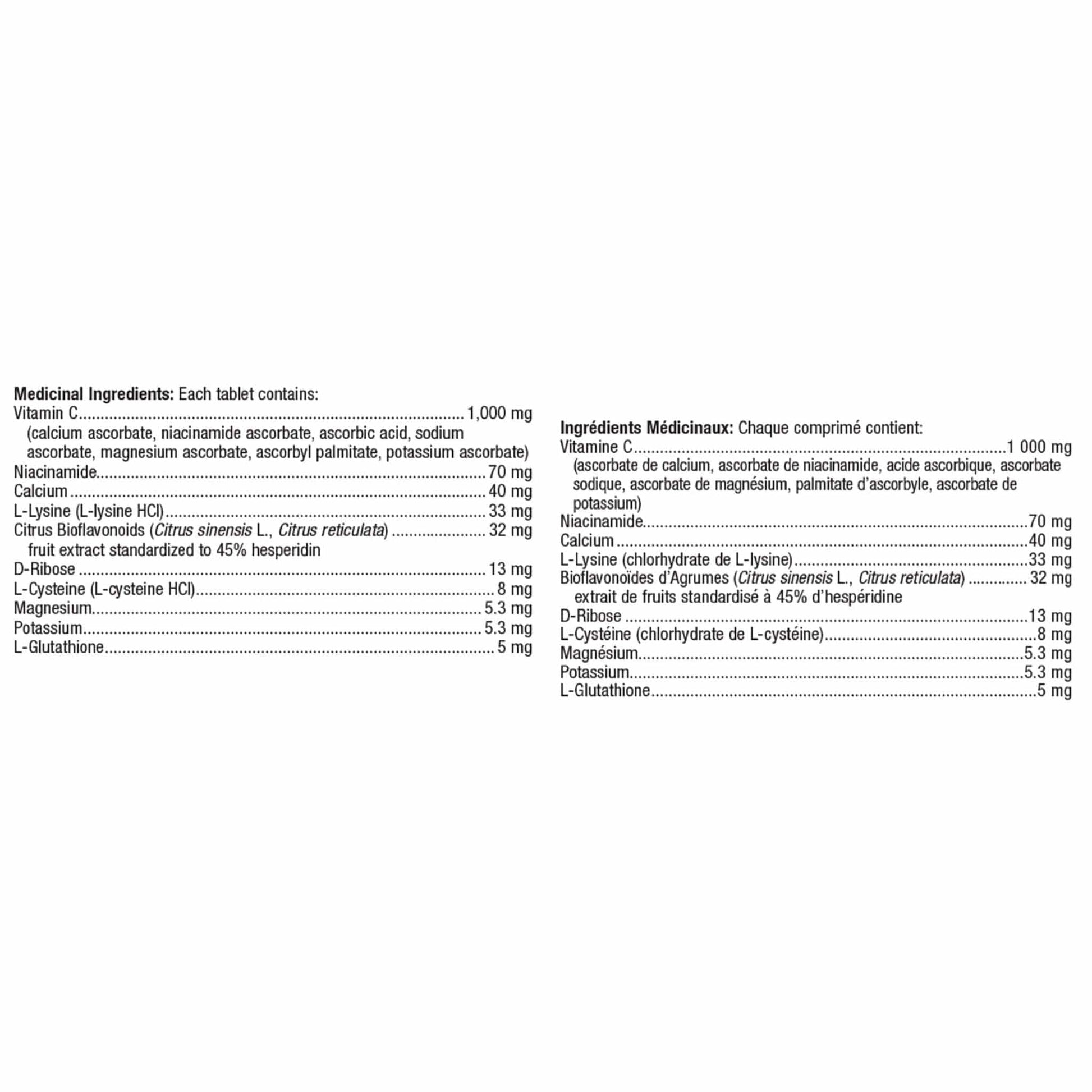90 Tablets | Metagenics Ultra C 1000 Vitamin C Nutrition Label