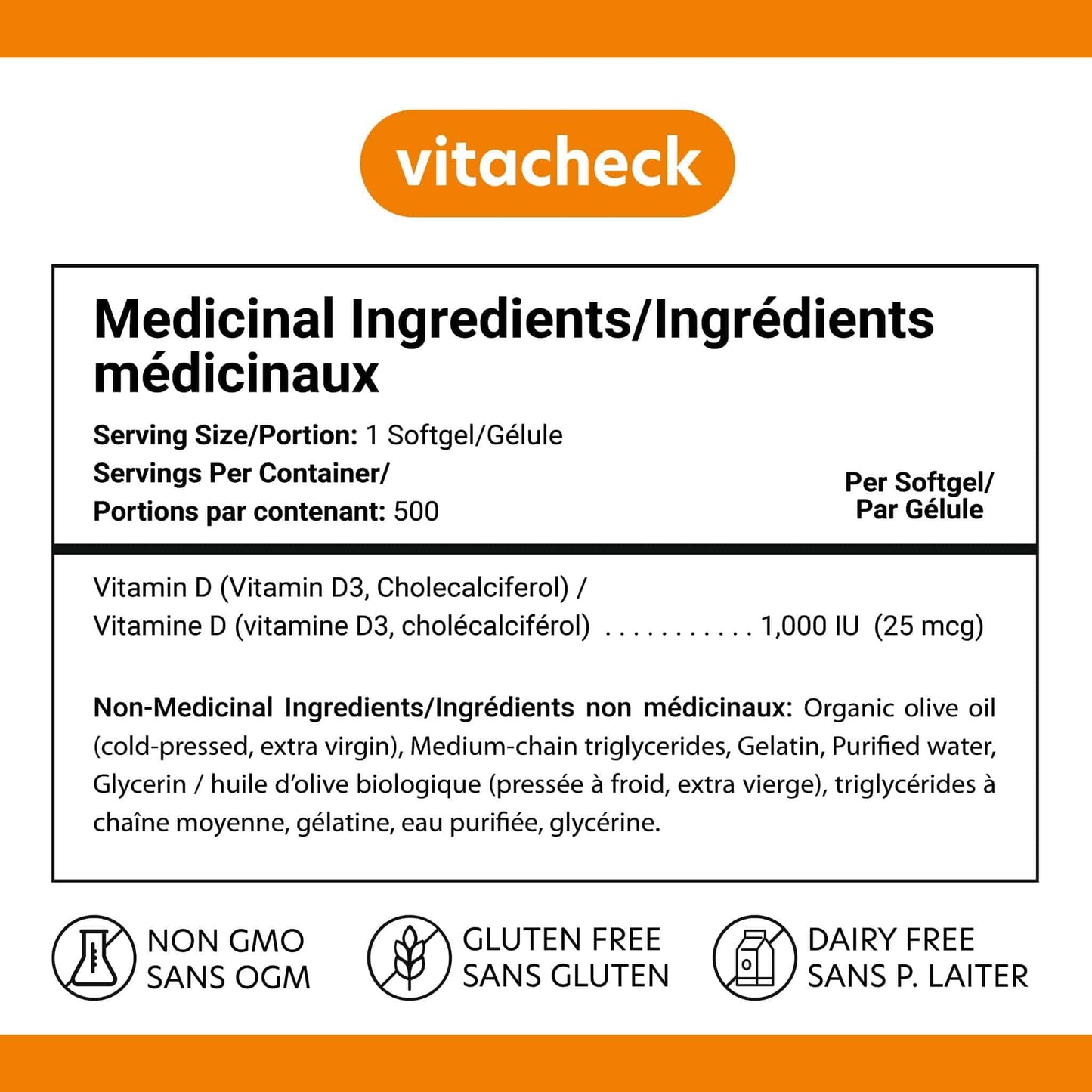 Vitacheck Vitamin D3 1000IU Softgels, In Organic Olive Oil For Better Absorption