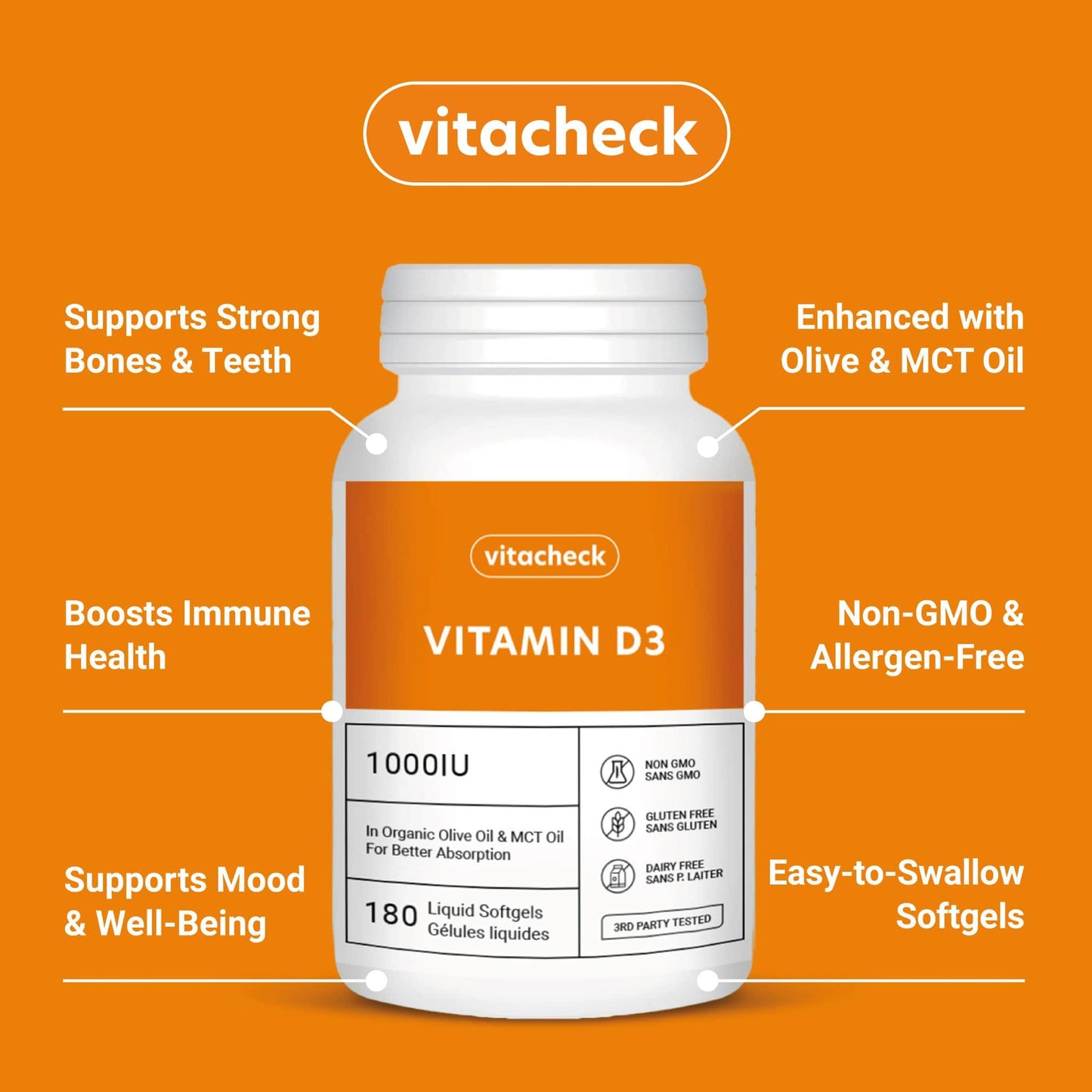 Vitacheck Vitamin D3 1000IU Softgels, In Organic Olive Oil For Better Absorption