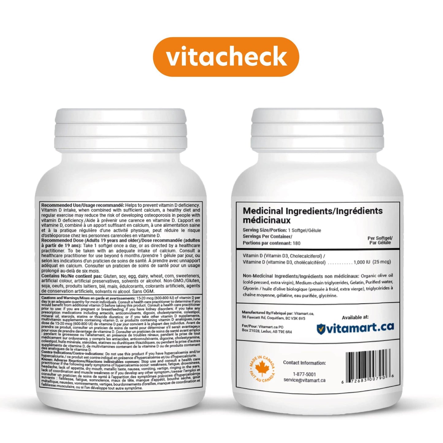 Vitacheck Vitamin D3 1000IU Softgels, In Organic Olive Oil For Better Absorption
