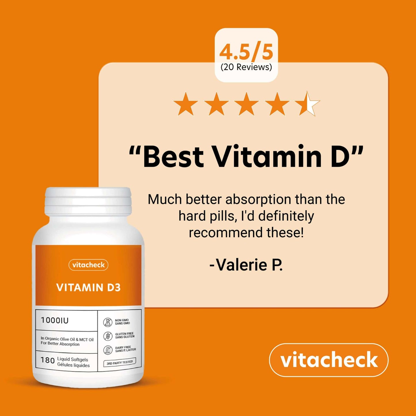 Vitacheck Vitamin D3 1000IU Softgels, In Organic Olive Oil For Better Absorption
