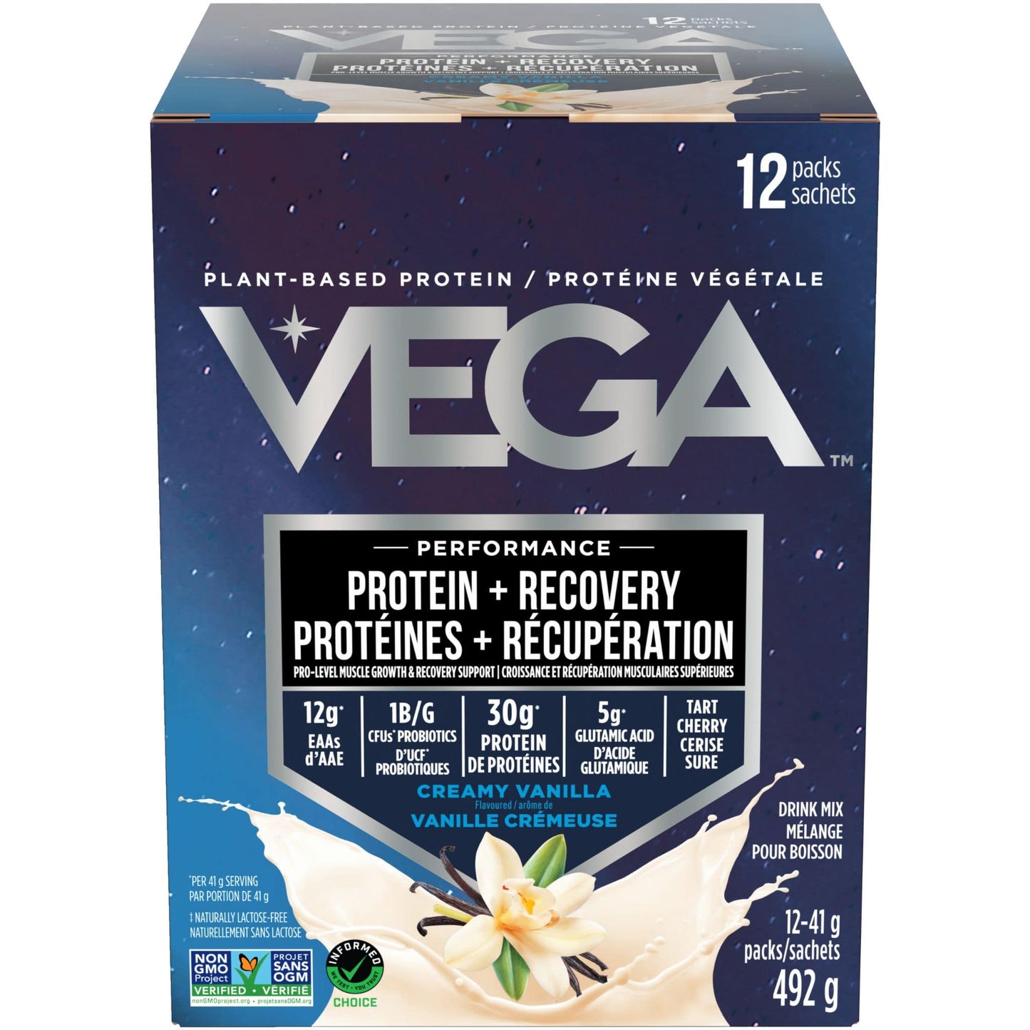 Creamy Vanilla Flavour, 12x41g | Vega Performance Protein + Recovery, Plant-Based Protein Powder