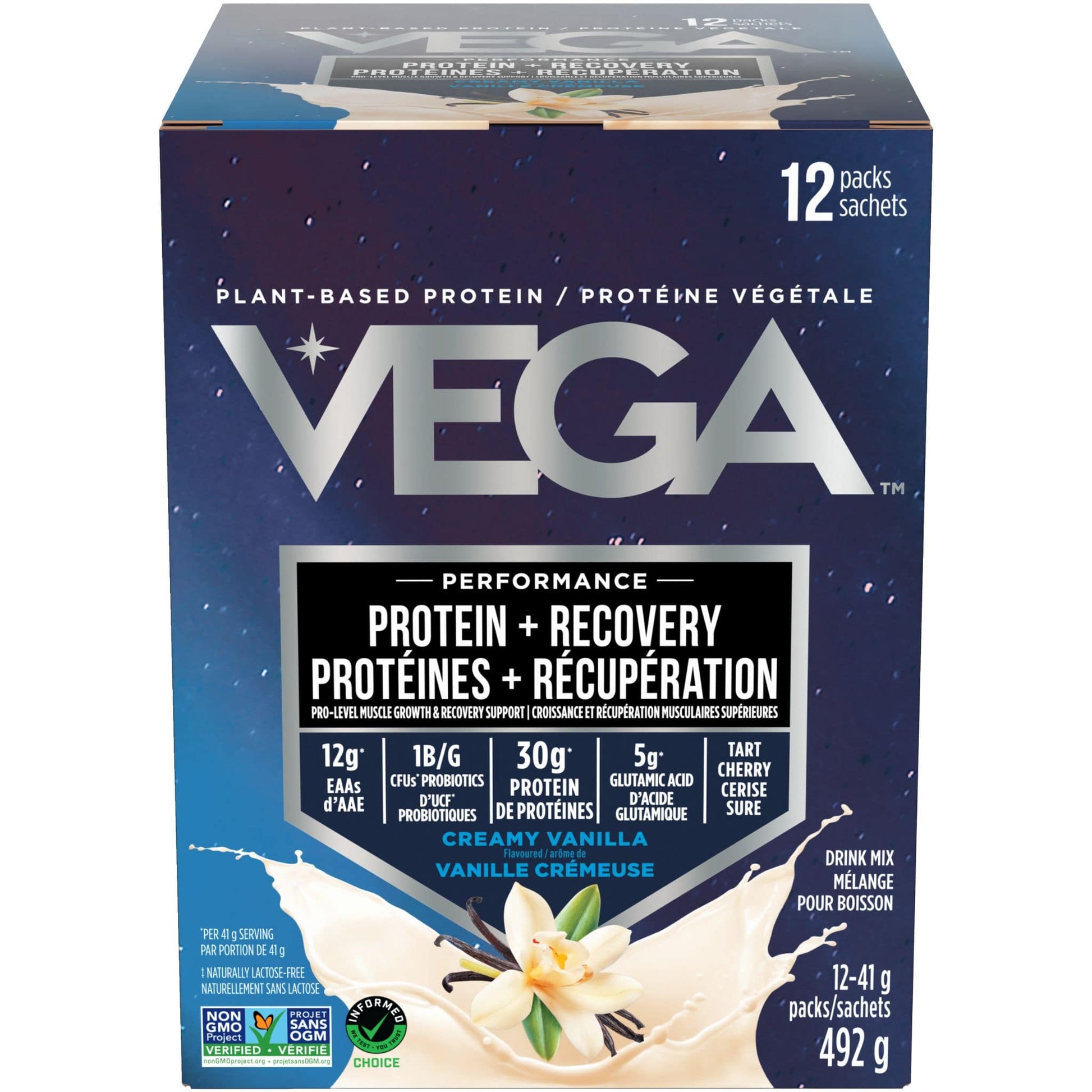 Creamy Vanilla Flavour, 12x41g | Vega Performance Protein + Recovery, Plant-Based Protein Powder