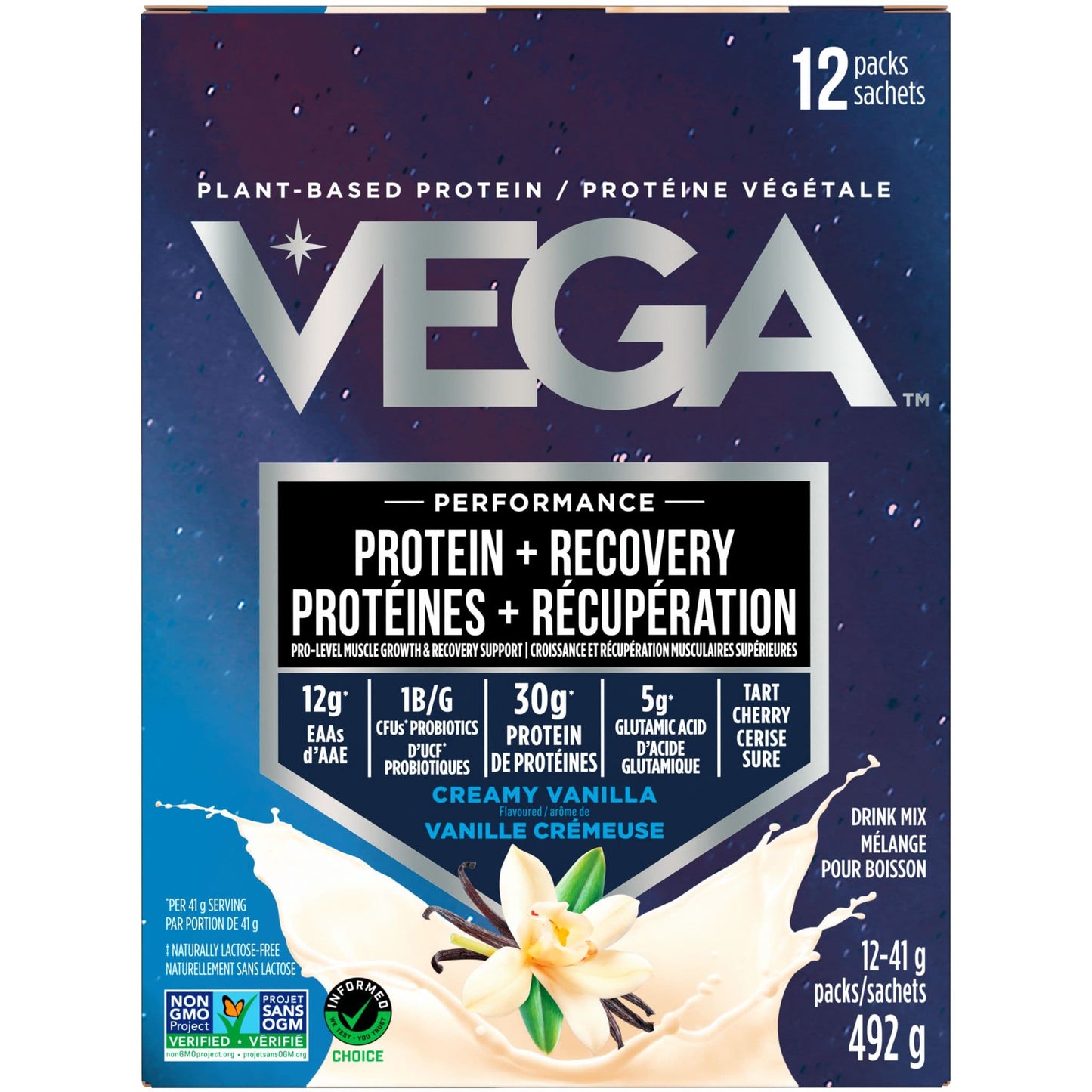 Creamy Vanilla Flavour, 12x41g | Vega Performance Protein + Recovery, Plant-Based Protein Powder