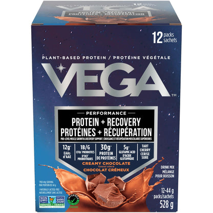 Creamy Chocolate Flavour, 12x44g | Vega Performance Protein + Recovery, Plant-Based Protein Powder