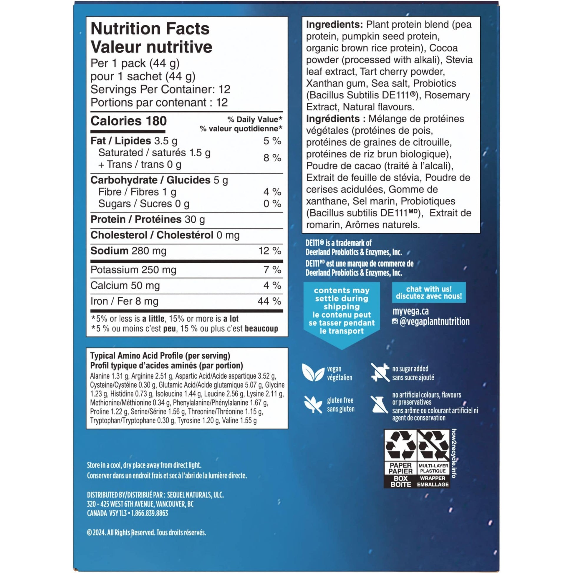 Creamy Chocolate Flavour, 12x44g | Vega Performance Protein + Recovery, Plant-Based Protein Powder