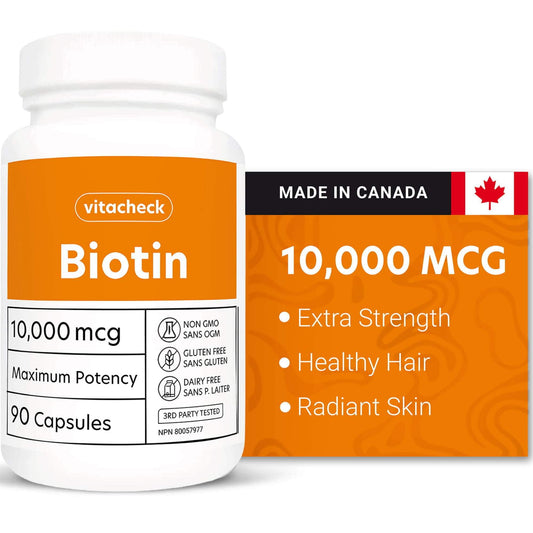 Vitacheck Biotin Extra Strength 10,000mcg, Supports Healthy Hair, Radiant Skin, 90 Vegetable Capsules CLEARANCE 25% Off Expiry 6/28 Final Sale