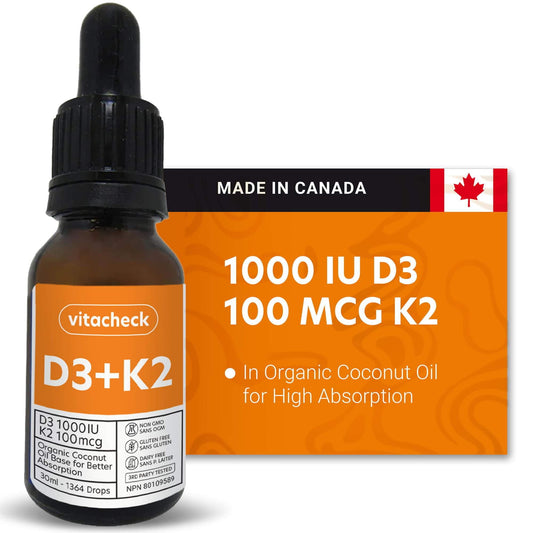Vitacheck Vitamin D3 + K2 Liquid Drops in Organic MCT Oil, Vitamin D3 1000IU and K2 100IU, 1364 Drops, 30ml