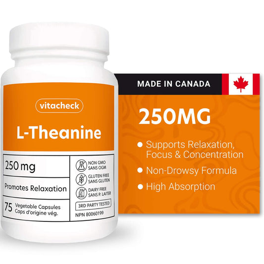 Vitacheck L-Theanine 250mg, Supports Relaxation, Restful Sleep, Non-Drowsy, Enhance Mood, Concentration and Focus, 75 Vegetable Capsules CLEARANCE 30% Off Expiry 3/28 Final Sale