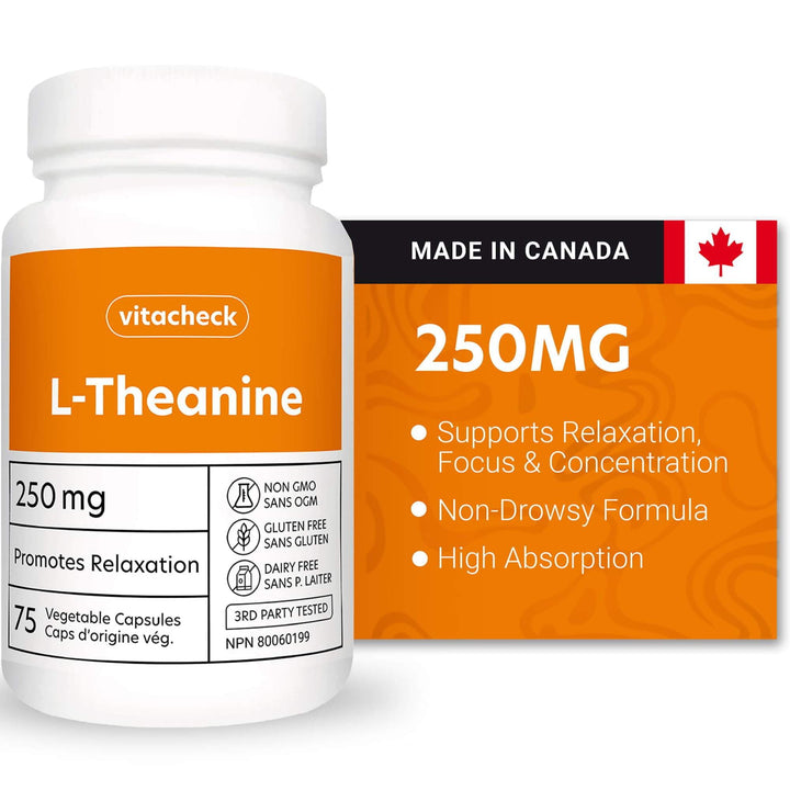 Vitacheck L-Theanine 250mg, Supports Relaxation, Restful Sleep, Non-Drowsy, Enhance Mood, Concentration and Focus, 75 Vegetable Capsules CLEARANCE 30% Off Expiry 3/28 Final Sale