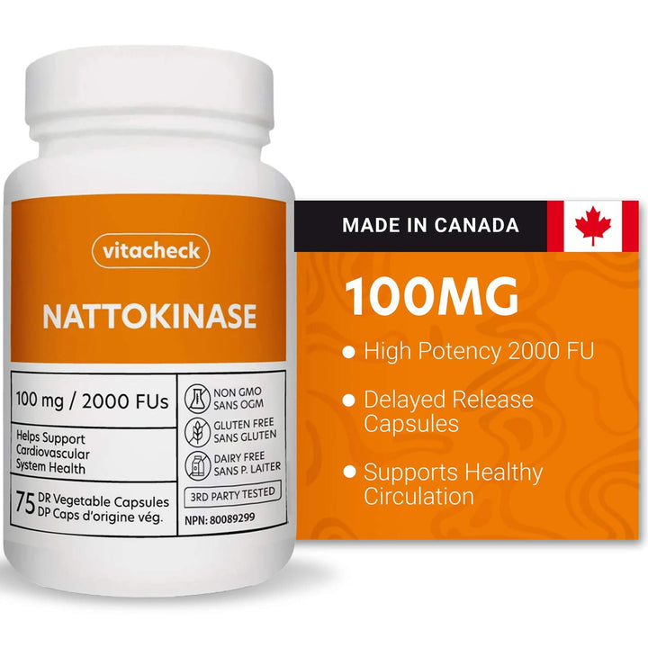 Vitacheck Nattokinase 100mg, 2000 FUs, Natural Heart Health, Circulation and Blood Pressure Support, 75 Delayed Release Capsules