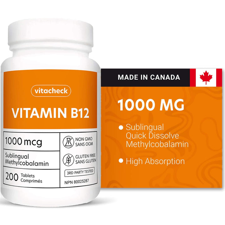 Vitacheck Vitamin B12 1000mcg, Sublingual B12 Quick Dissolve Methylcobalamin, Supports Energy, Healthy Nerve and Blood Cells, 200 Sublingual Tablets
