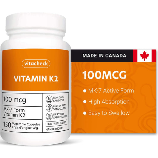 Vitacheck Vitamin K2 100mcg, Natto-Derived MK-7, Supports Bone and Heart Health, 150 Vegetable Capsules