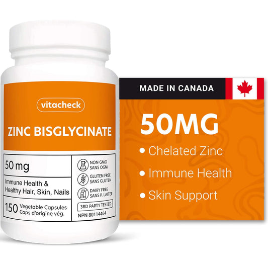 Vitacheck Zinc Bisglycinate 50mg, Chelated, Supports Immune Health, Skin, Hair and Wound Healing, 150 Vegetable Capsules CLEARANCE 25% Off Exp 5/28 Final Sale