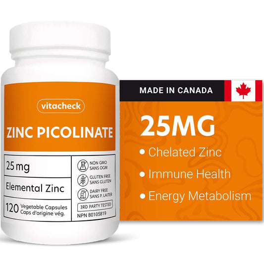 Vitacheck Zinc Picolinate 25mg Extra Strength, Chelated, Immune Health, Energy Metabolism, Hair and Nail Health, 120 Vegetable Capsules