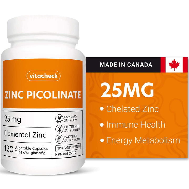 Vitacheck Zinc Picolinate 25mg Extra Strength, Chelated, Immune Health, Energy Metabolism, Hair and Nail Health, 120 Vegetable Capsules