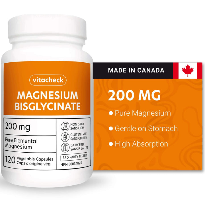 Vitacheck Magnesium Bisglycinate 200mg, Pure Elemental Magnesium, Highly Absorbable, Gentle On Bowels, Sleep Support, Muscle Recovery, Bone Health, 120 Vegetable Capsules