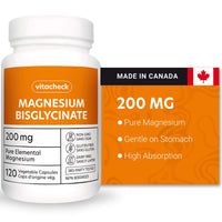 Vitacheck Magnesium Bisglycinate 200mg, Pure Elemental Magnesium, Highly Absorbable, Gentle On Bowels, Sleep Support, Muscle Recovery, Bone Health, 120 Vegetable Capsules