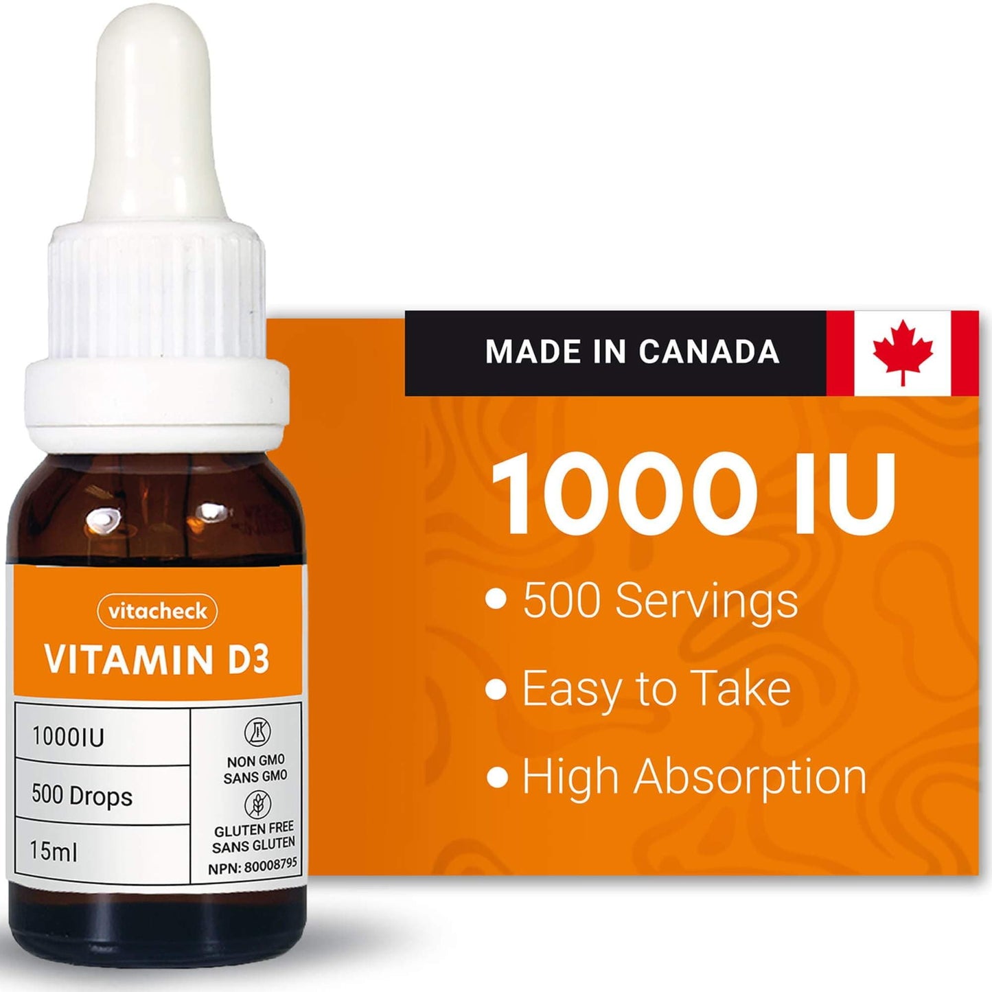 Vitacheck Vitamin D3 1000IU Liquid D3 Drops with Organic Olive Oil, 500 Servings, 15ml CLEARANCE 25% Off Exp 8/27 Final Sale