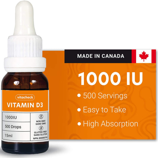 Vitacheck Vitamin D3 1000IU Liquid D3 Drops with Organic Olive Oil, 500 Servings, 15ml CLEARANCE 25% Off Exp 8/27 Final Sale